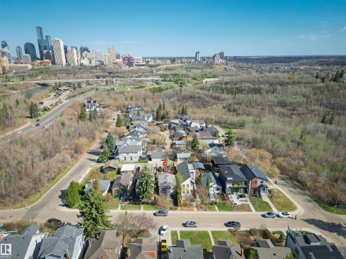 Aerial perspective showcasing a residential street with diverse architectural styles, surrounded by natural landscape - 9816 93 Avenue, Edmonton, AB - Outdoor With View