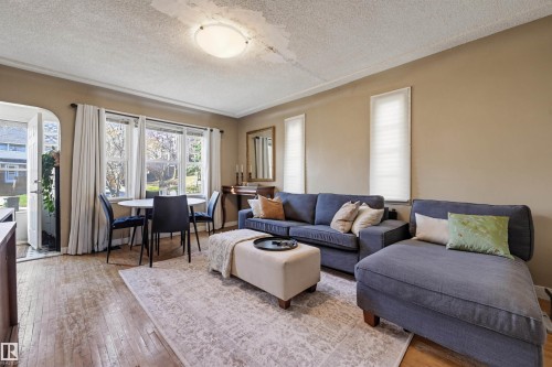 Living area featuring wood-finish flooring, a contemporary ceiling light fixture, and multiple windows with natural light - 9816 93 Avenue, Edmonton, AB - Indoor Photo Showing Living Room