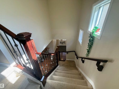 Staircase featuring carpeted treads, a dark wood handrail, and wrought iron balusters - 3538 Claxton Crescent, Edmonton, AB - Indoor Photo Showing Other Room