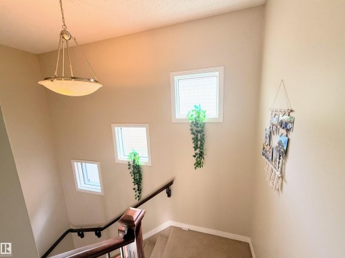 Staircase with light beige walls and a suspended ceiling light fixture - 3538 Claxton Crescent, Edmonton, AB - Indoor Photo Showing Other Room