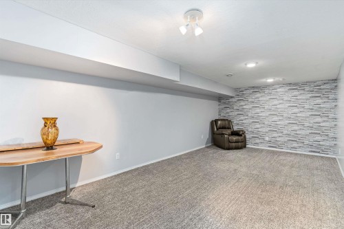 Finished interior space featuring gray textured carpeting, light gray painted walls, and a stone-look accent wall - 6734 36A Avenue, Edmonton, AB 