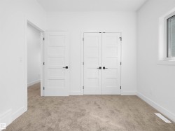 Soft carpeted flooring throughout, featuring a double-door closet with matte black hardware - 