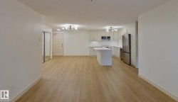Open-concept living space featuring wood-finish flooring, a contemporary kitchen island, white cabinetry, integrated stainless steel appliances, and modern overhead lighting - 