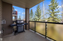 Covered balcony featuring durable concrete flooring, brown siding, a frosted glass and black metal railing system, and a gas line connection - 