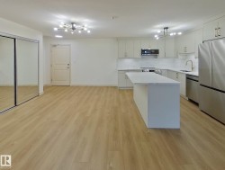 Open-concept living space featuring wood-finish flooring, a modern kitchen with light cabinetry, stainless steel appliances, a center island with a white countertop, and contemporary ceiling light fixtures - 