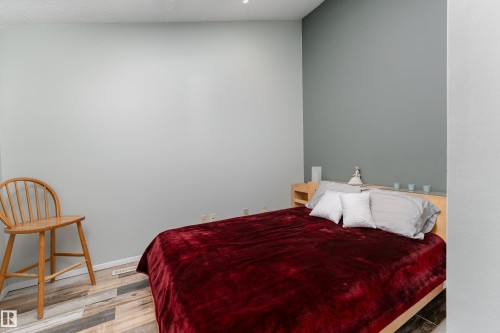 Main floor bedroom near back-entry, ideal for home office or guest suite. Vaulted ceiling with skylight - 10956 81 Avenue, Edmonton, AB - Indoor Photo Showing Bedroom