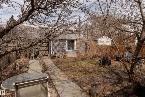 Private yard with fruit trees, gated, access to single oversized garage - 10956 81 Avenue, Edmonton, AB - Outdoor