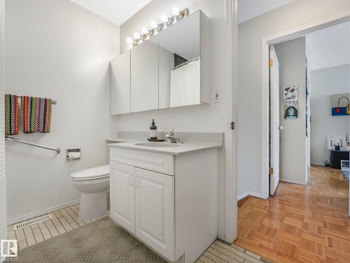 Well-appointed bathroom featuring a vanity with storage, a mirror with overhead lighting, and a grab bar for added convenience - 308 Beringer Crescent, Edmonton, AB - Indoor Photo Showing Bathroom
