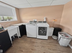 Dedicated laundry area featuring wood-finish flooring, a utility sink, and built-in cabinetry with countertop space - 