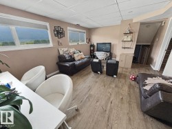 Bright lower-level living space featuring two large windows, wood-finish flooring, a drop ceiling, and neutral-toned walls - 
