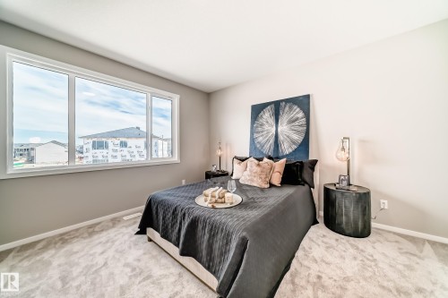 Spacious room featuring a large multi-pane window, light-colored walls, baseboard molding, and plush carpeting - 1603 206 Street, Edmonton, AB - Indoor Photo Showing Bedroom