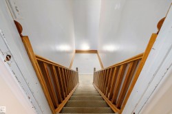 Carpeted staircase with natural wood handrails and balusters - 