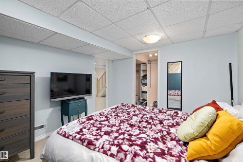 Bedroom featuring light blue walls, a drop ceiling, and carpet flooring - 11607 141 Street, Edmonton, AB - Indoor Photo Showing Bedroom