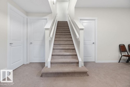 Carpeted staircase with white railings, featuring two-panel interior doors and light-toned wall finishes - 3623 6 Street, Edmonton, AB - Indoor Photo Showing Other Room