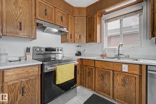 Kitchen featuring wood cabinetry, white countertops, and a double basin sink with a gooseneck faucet - 17305 60 Ave, Edmonton, AB 