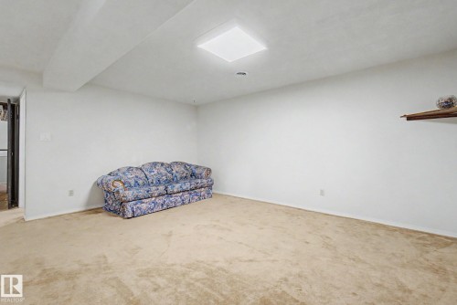 Spacious room featuring neutral carpeting, white painted walls, and a square ceiling light fixture - 17305 60 Ave, Edmonton, AB 