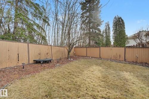 Expansive backyard featuring a privacy fence, mature trees, and a garden bed - 17305 60 Ave, Edmonton, AB 