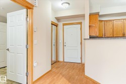 Entryway with hardwood flooring, a white paneled door, and wood trim throughout - 