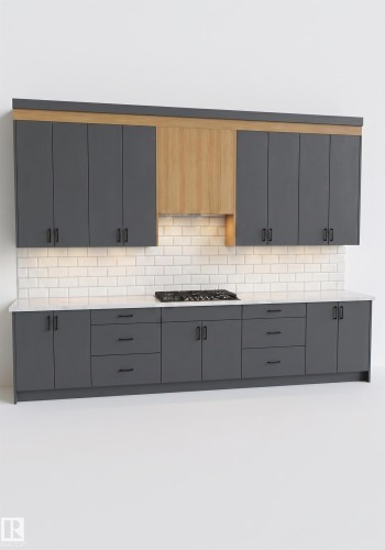 Contemporary kitchen featuring dark gray cabinetry with black hardware, wood-tone accents, white subway tile backsplash, and a built-in gas cooktop - 53 Mockingbird Cres, Fort Saskatchewan, AB - Indoor Photo Showing Kitchen
