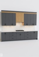 Contemporary kitchen featuring dark gray cabinetry with black hardware, wood-tone accents, white subway tile backsplash, and a built-in gas cooktop - 