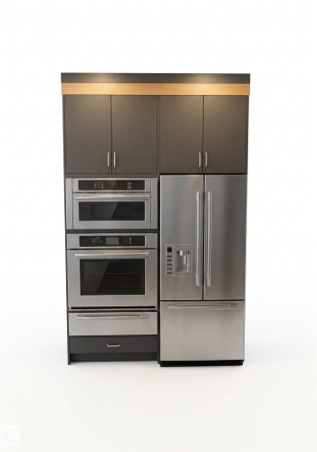 Integrated kitchen appliance and cabinetry unit featuring dark gray cabinetry with light wood-finish trim - 53 Mockingbird Cres, Fort Saskatchewan, AB - Indoor Photo Showing Kitchen