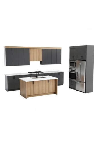 Contemporary kitchen cabinetry featuring dark gray and light wood-finish panels - 53 Mockingbird Cres, Fort Saskatchewan, AB - Other
