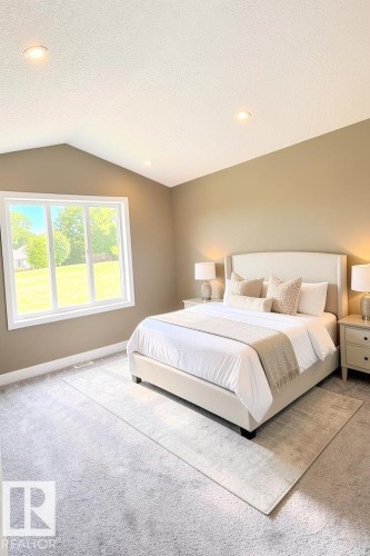 Vaulted ceiling with horizontal and vertical planking - 53 Mockingbird Cres, Fort Saskatchewan, AB - Indoor Photo Showing Bedroom