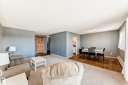 Open-concept living area featuring a neutral color palette, wood-finish flooring, textured wall accent, and a prominent barn door - 423 5125 Riverbend Road, Edmonton, AB - Indoor