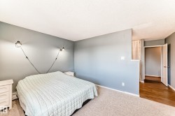 Bedroom with neutral wall tones, textured ceiling, and soft carpet flooring - 