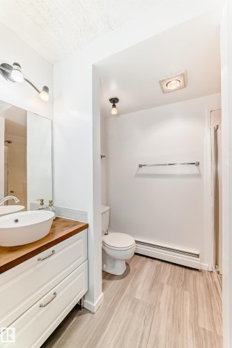 Bathroom featuring a white vanity with wood-finish countertop and vessel sink - 423 5125 Riverbend Road, Edmonton, AB - Indoor Photo Showing Bathroom
