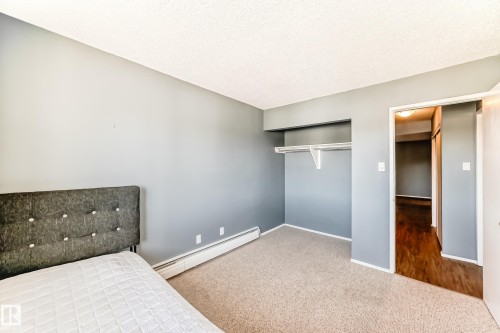 Bedroom featuring light gray walls, carpet flooring, baseboard heating, and an open closet area with shelving and a hanging rod - 423 5125 Riverbend Road, Edmonton, AB - Indoor Photo Showing Bedroom