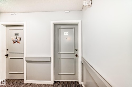 Hallway featuring a striped carpet, light gray wall paneling, and two paneled doors with contrasting dark hardware - 423 5125 Riverbend Road, Edmonton, AB - Indoor Photo Showing Other Room
