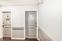 Hallway featuring a striped carpet, light gray wall paneling, and two paneled doors with contrasting dark hardware - 