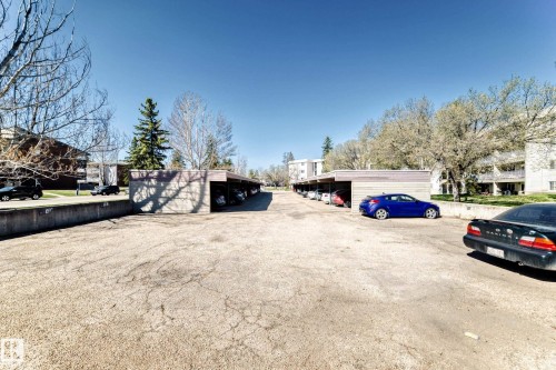 Surface parking area featuring multiple covered parking structures with concrete block walls - 423 5125 Riverbend Road, Edmonton, AB - Outdoor
