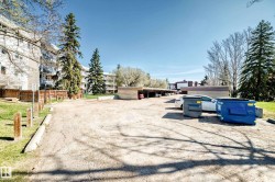 Paved parking area featuring mature evergreen trees and adjacent multi-story residential buildings - 