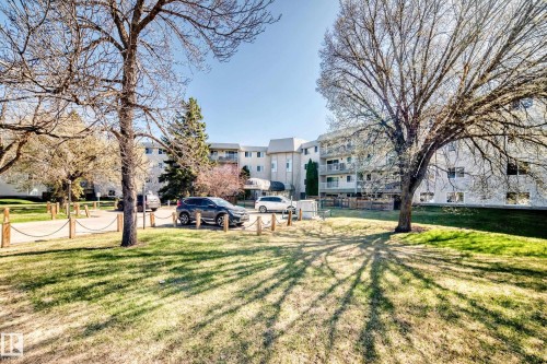 Multi-story building featuring multiple balconies, a light-colored exterior, and surrounding mature trees - 423 5125 Riverbend Road, Edmonton, AB - Outdoor