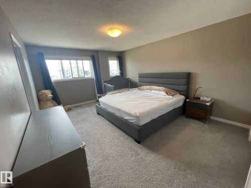 Spacious room featuring neutral paint, gray carpet, a ceiling-mounted light fixture, and two windows providing natural light - 871 Ebbers Crescent, Edmonton, AB - Indoor Photo Showing Bedroom