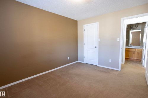 Carpeted room featuring a neutral color palette with a brown accent wall and white baseboards - 101 2420 108 Street, Edmonton, AB - Indoor Photo Showing Other Room