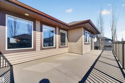 Spacious outdoor deck with textured concrete flooring and dark metal railings - 1254 Adamson Drive, Edmonton, AB - Outdoor