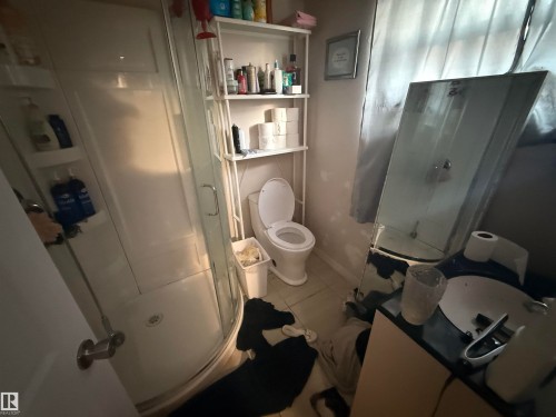 The bathroom features a glass-enclosed shower, a toilet, a vanity with an integrated sink, and a mirrored wall - 10545 67 Avenue, Edmonton, AB - Indoor Photo Showing Other Room