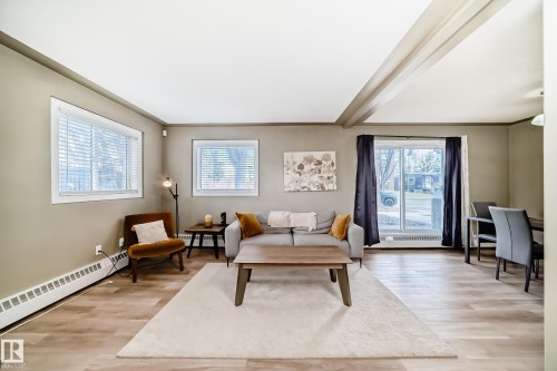 Open-concept living area featuring wood-finish flooring, a sliding glass door, and multiple windows - 101 10827 85 Avenue Nw, Edmonton, AB - Indoor Photo Showing Living Room
