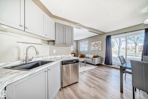 Modern kitchen with light grey cabinetry, a stainless steel dishwasher, and a black composite sink with a gooseneck faucet - 101 10827 85 Avenue Nw, Edmonton, AB - Indoor Photo Showing Kitchen
