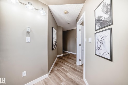 Hallway featuring wood-finish flooring, light-colored walls, white baseboards, and track lighting - 101 10827 85 Avenue Nw, Edmonton, AB - Indoor Photo Showing Other Room