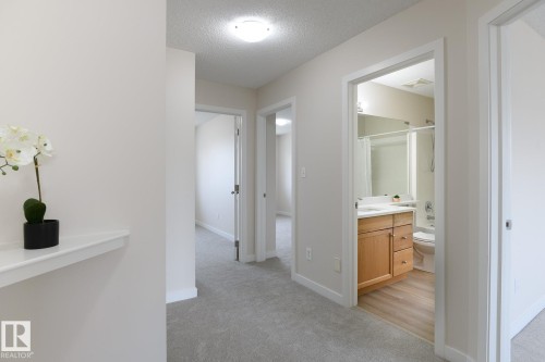 Hallway with light gray carpeting and white baseboards, featuring a bathroom with wood-finish flooring, a light wood vanity with a white countertop, and a white toilet - 55 14603 Miller Boulevard, Edmonton, AB - Indoor