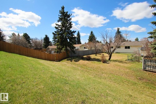 Expansive sloped lawn area with mature evergreen trees and a wood privacy fence - 3539 104 Street, Edmonton, AB - Outdoor