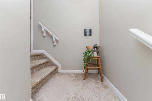 Carpeted staircase with white handrails and trim details - 4452 Annett Common, Edmonton, AB 