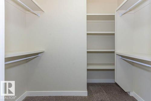 Walk-in closet featuring built-in shelving, white hanging rods, and neutral carpet flooring - 9814 155 Street, Edmonton, AB - Indoor With Storage