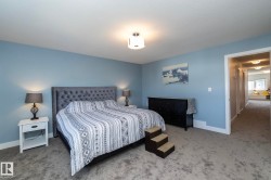 Spacious bedroom featuring light blue walls and gray carpet flooring - 