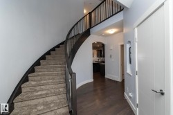 Curved staircase with dark wood-finish handrail and carpeted treads - 