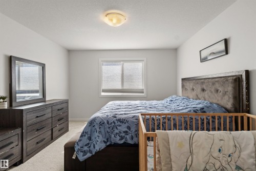 Bedroom featuring neutral wall colors, carpet flooring, a window with privacy covering, and a ceiling-mounted light fixture - 1471 Plum Circle Circle, Edmonton, AB - Indoor Photo Showing Bedroom
